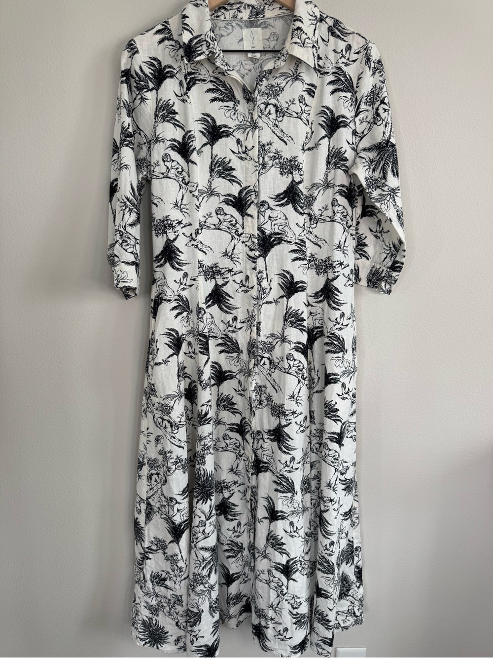 Joie Black & White Tropical Monkey Toile Linen Blend Button Down Shirt Dress M